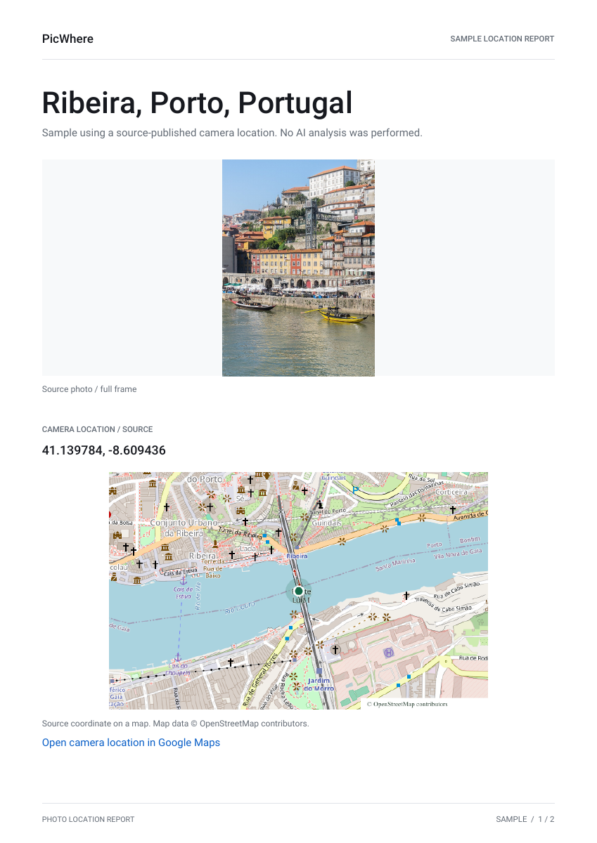 Location report, photo and street map